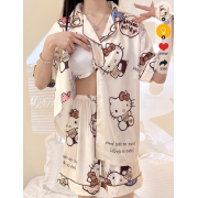 9407 Sanrio冰絲夏季新款帶胸墊家居服HelloKitty睡衣套裝