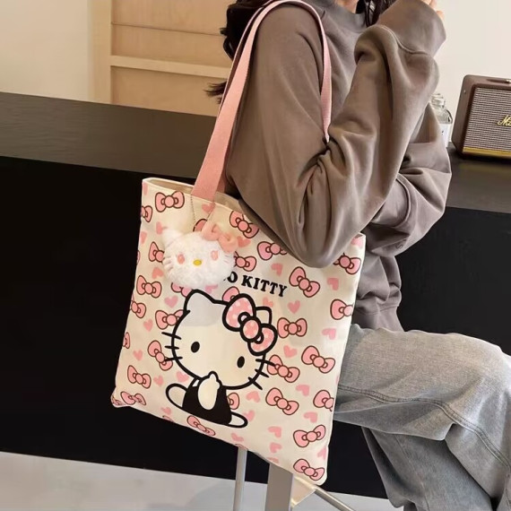 9880 日系HelloKitty小清新單肩手提大容量帆布包（送掛件）