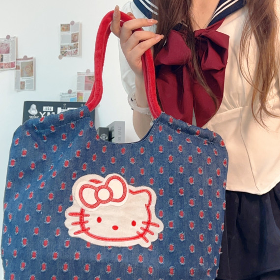 9884 中古HelloKitty復古牛仔貼布大容量單肩手提包