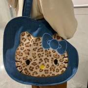 9974 豹紋HelloKitty牛仔帆布大容量手拎單肩包