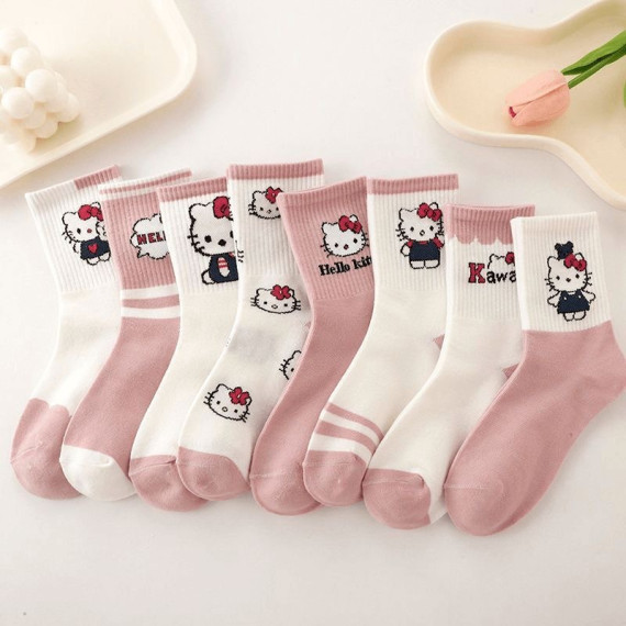 10346 HelloKitty秋冬日系粉色卡通中筒襪（1套8對）